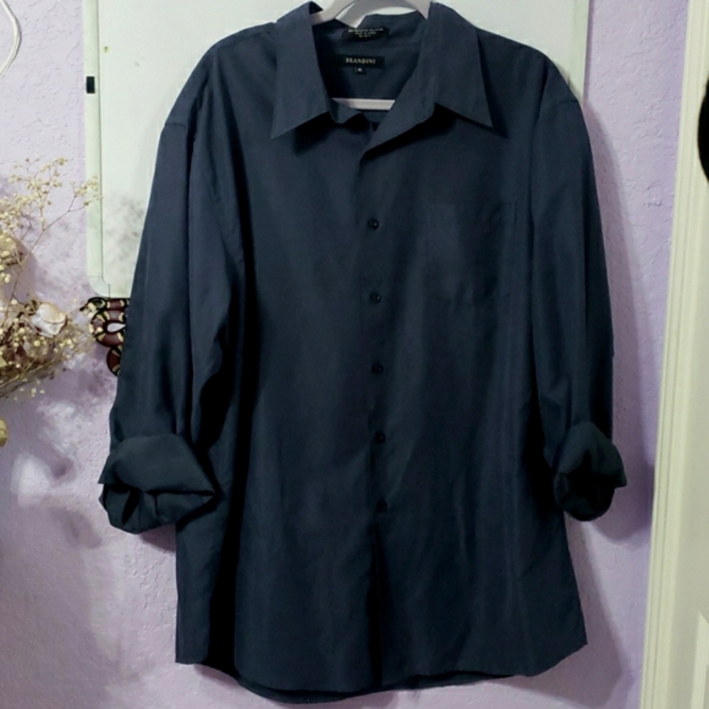Vintage BRANDINI Men's Navy Blue Button Up Collared Long Sleeved Dress Shirt